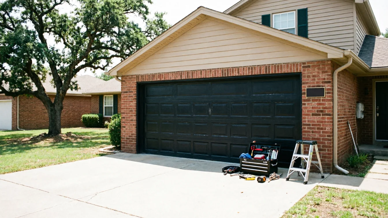 A black garage door with a toolbox and a stepladder in front of it.