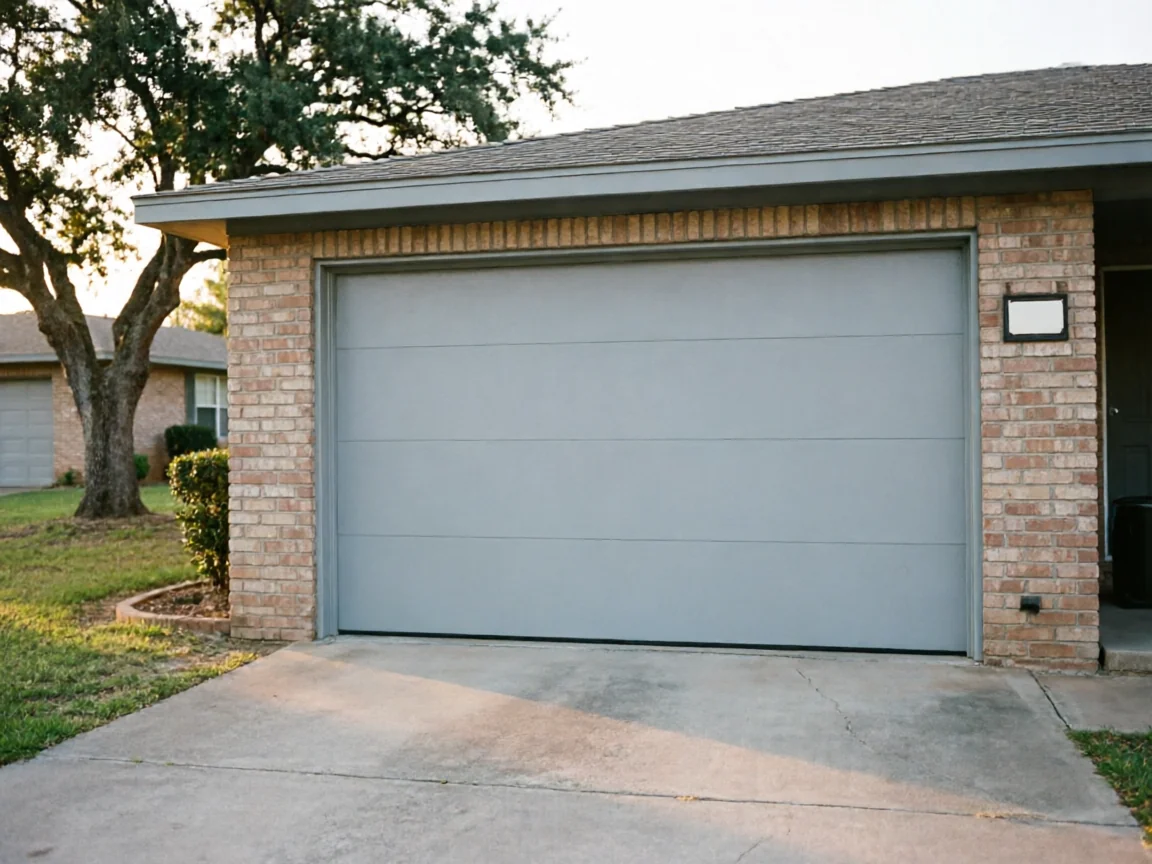 A light gray garage door is on a brick house with a concrete driveway.