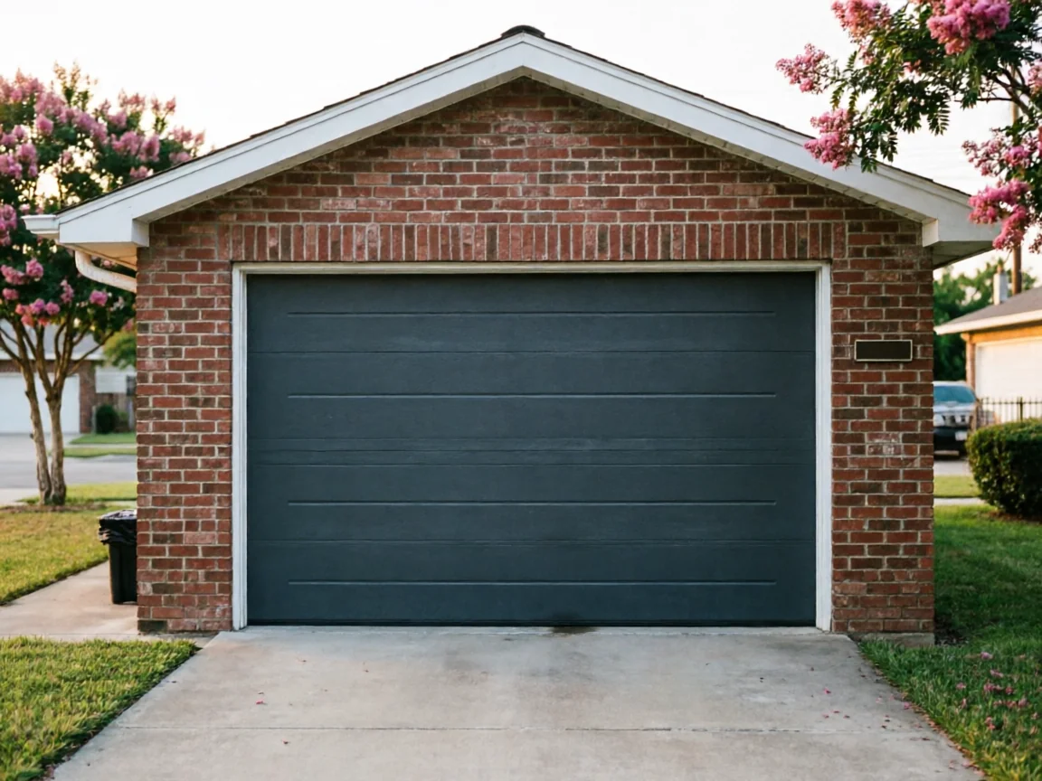 A dark gray garage door is centered on a red brick garage.