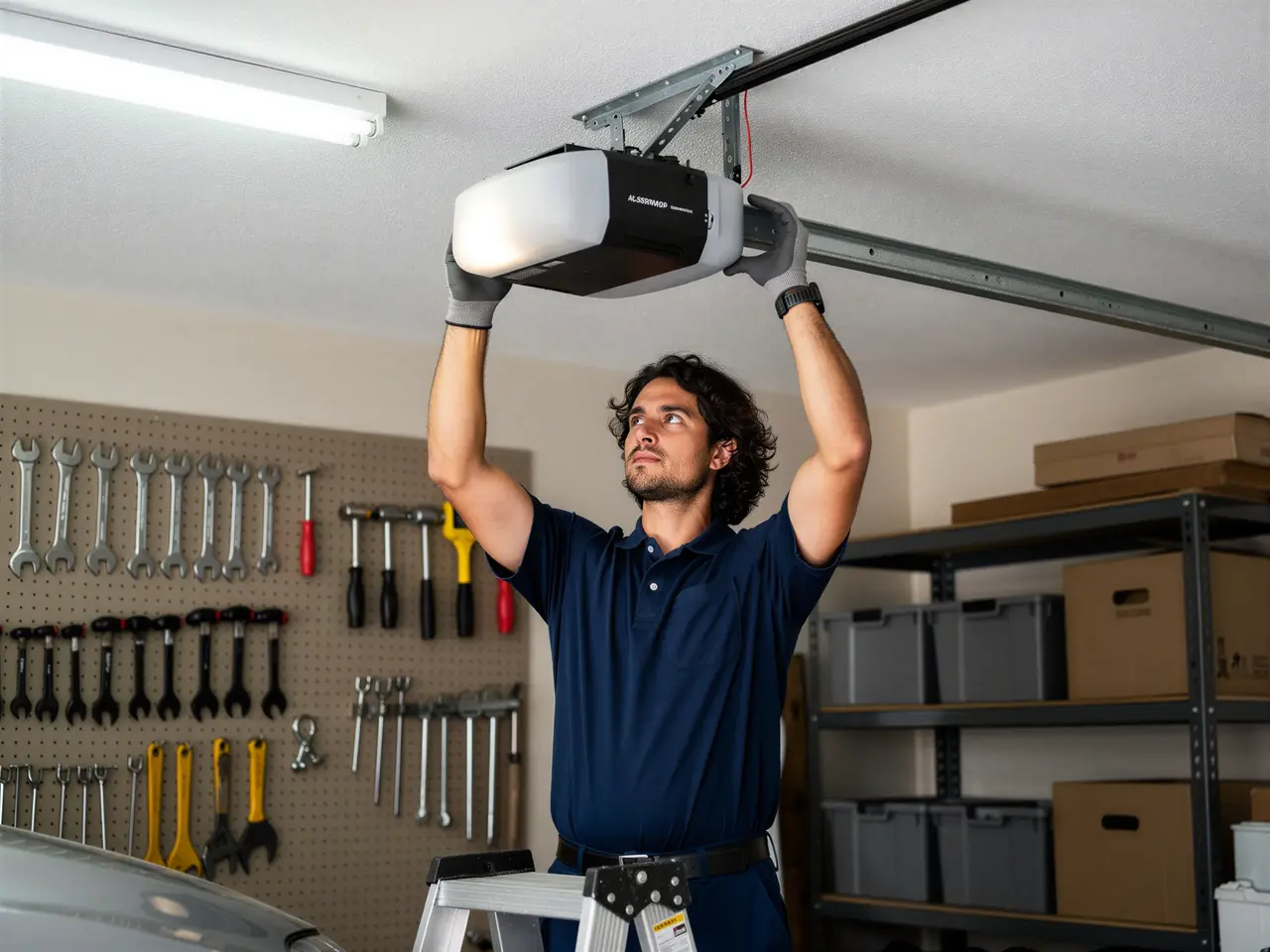 A technician on a ladder installs a garage door opener.