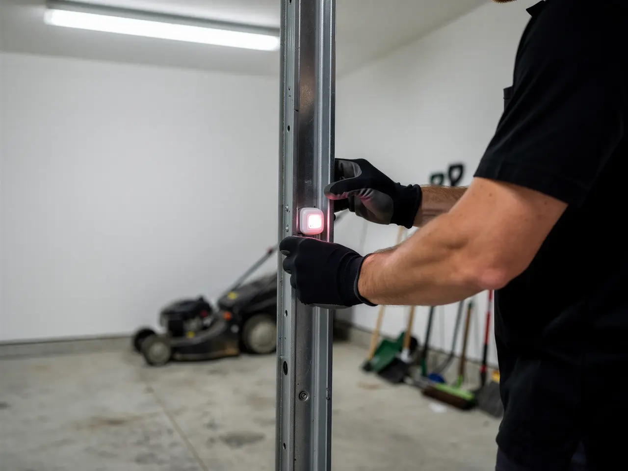 A technician in black gloves adjusts a red sensor on a metal garage door frame.