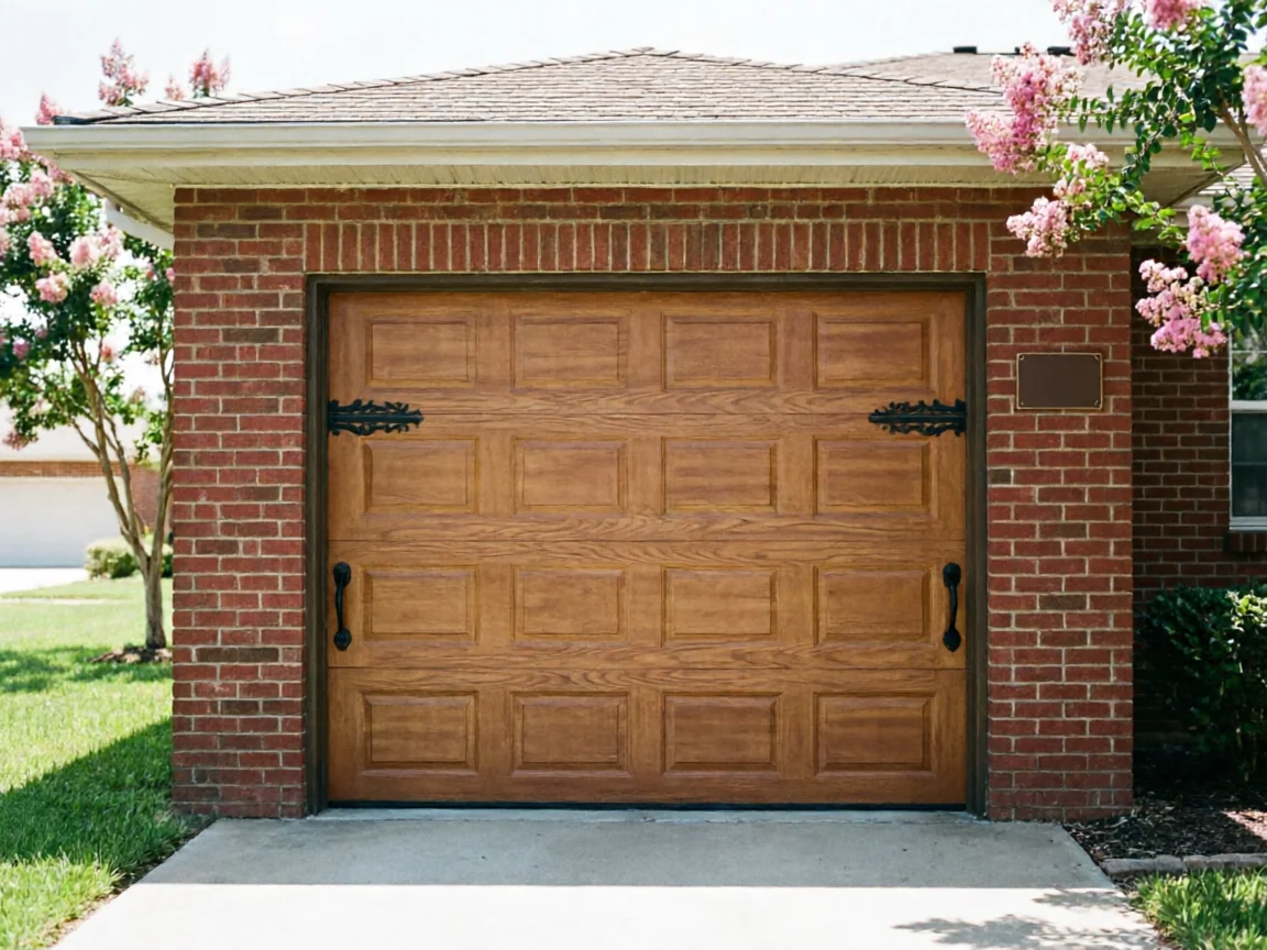 A brown wooden garage door with decorative black hardware on a brick house.